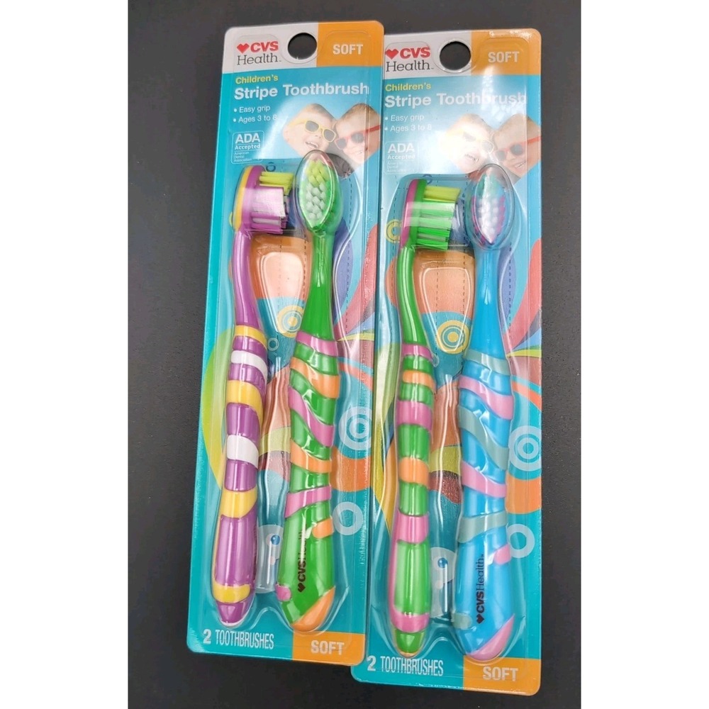 2PK CVS Health Childrens Stripe Soft Toothbrush Purple, White, Blue & Green Mix